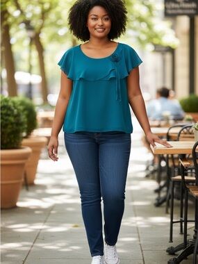 Jessica Teal Ruffle plus size  Sleeve Blouse with Flower Accent size 17-18